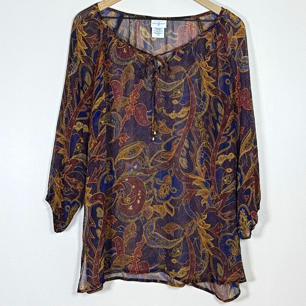 Jaclyn Smith Womens Blouse Top L Brown Paisley Sheer Whimsigoth Boho Y2K Witchy